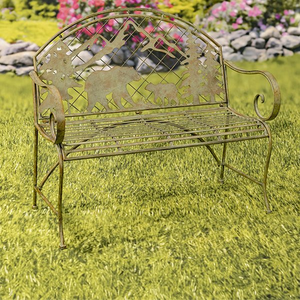 Round Top Iron Garden Bench with Grizzly Bear and Mountain Silhouette Yellowstone