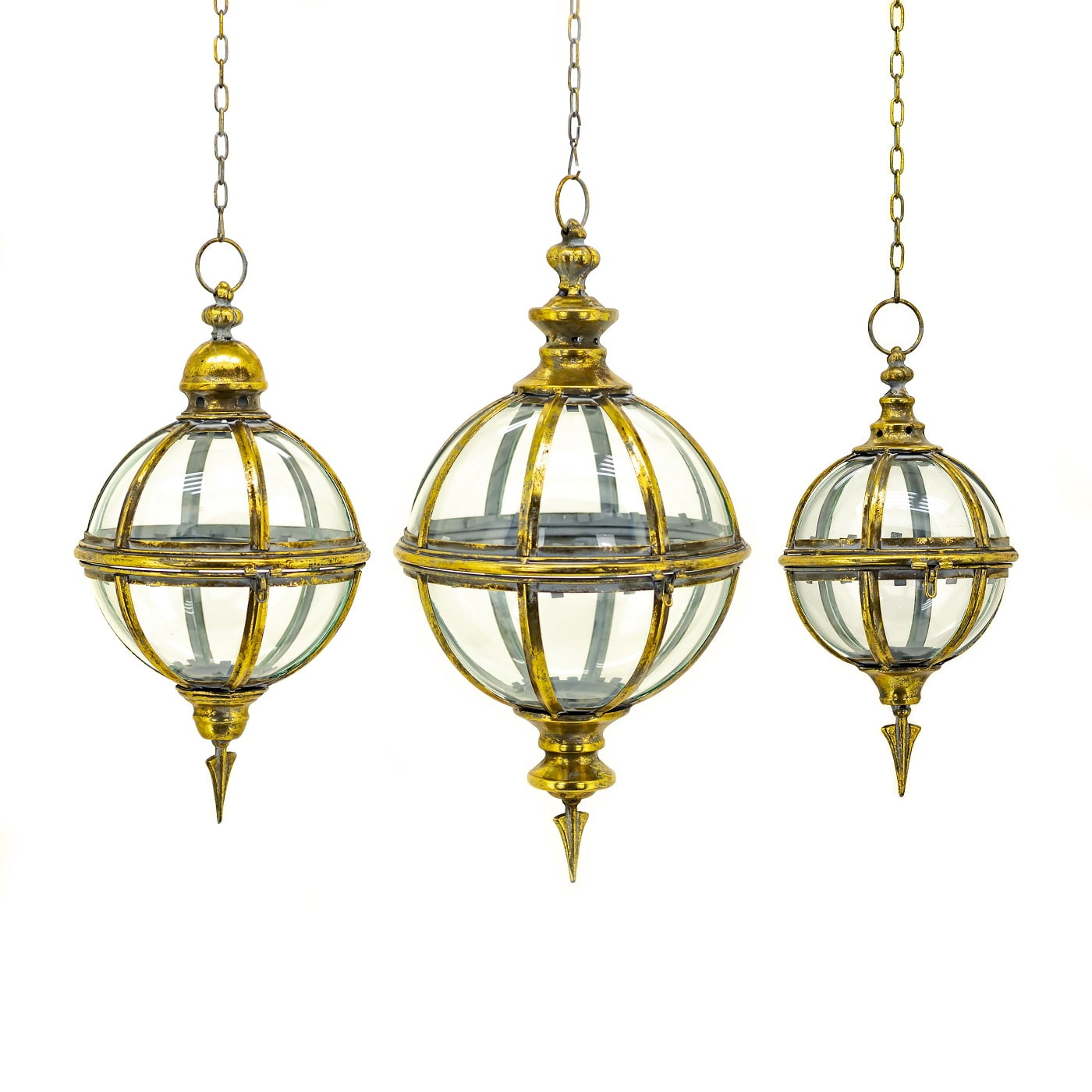 Set of 3 Iron Glass Hanging Globe Lanterns in Frosted Gold Sorrento