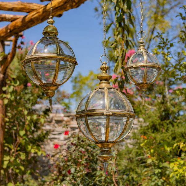 Set of 3 Iron & Glass Hanging Globe Lanterns in Frosted Gold Sorrento