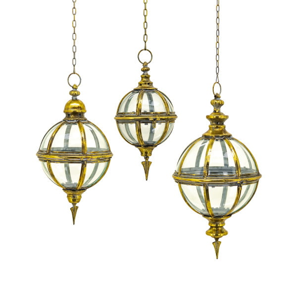 Set of 3 Iron & Glass Hanging Globe Lanterns in Frosted Gold Sorrento