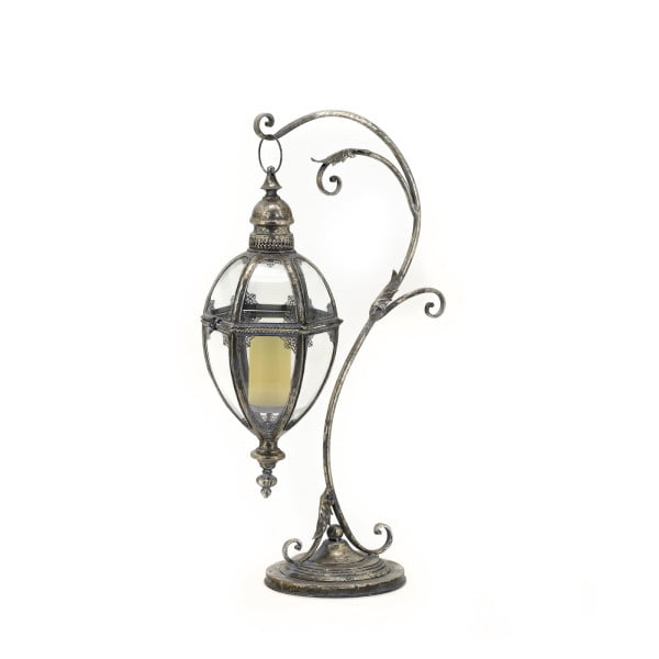 33.75 Tall Victorian-Style Hanging Lantern with Ornate Iron Stand in Frosted Silver Ophelia