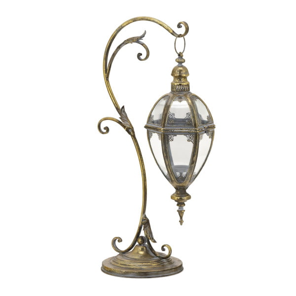 31 Tall Victorian-Style Hanging Lantern with Ornate Iron Stand in Frosted Gold Persephone