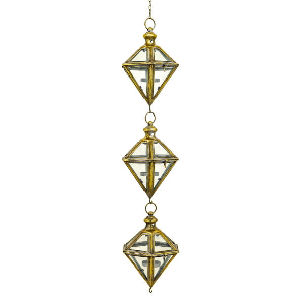 64 Long Iron & Glass Hanging 3-Piece Lantern Chain in Frosted Gold Diamante (Large)