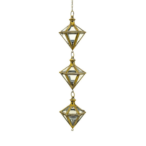 60 Long Iron & Glass Hanging 3-Piece Lantern Chain in Frosted Gold Diamante (Small)