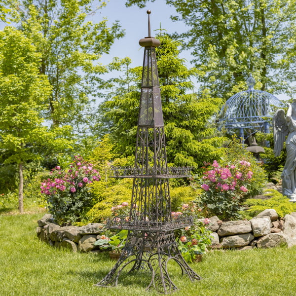 9ft. Tall Two-Tier Eiffel Tower-Inspired Iron Plant Stand in Copper Brown