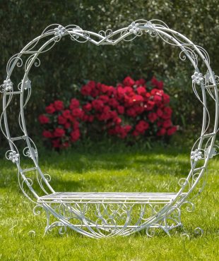 6.8ft. Tall Heart-Shaped Iron Bench in Antique White Amore