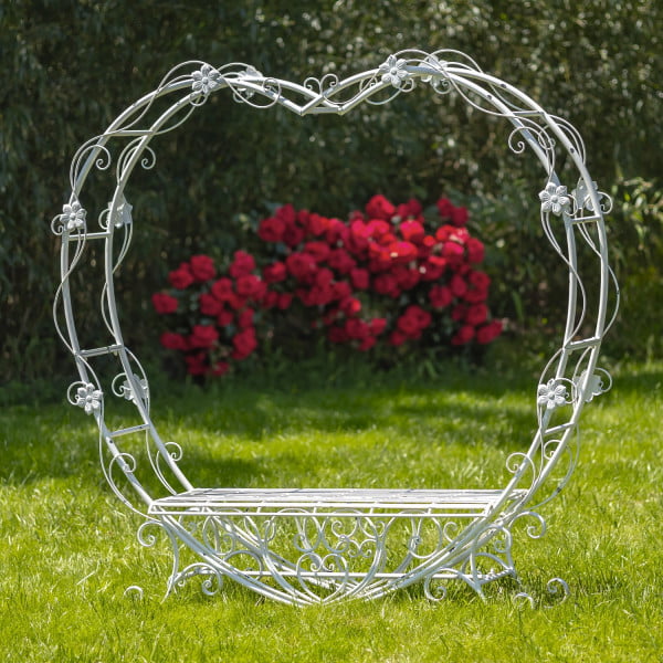 6.8ft. Tall Heart-Shaped Iron Bench in Antique White Amore