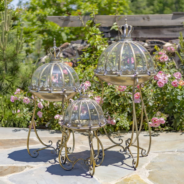 Set of 3 Glass Dome Terrariums with Iron Stands in Frosted Gold Marseilles 1792