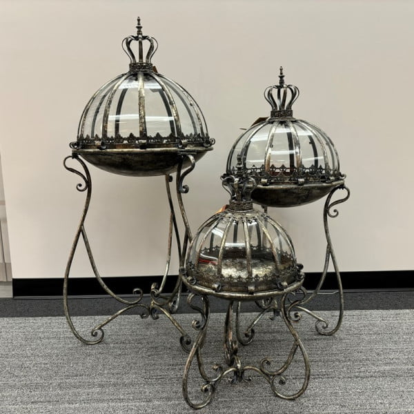 Set of 3 Glass Dome Terrariums with Iron Stand in Frosted Silver Marseilles 1792