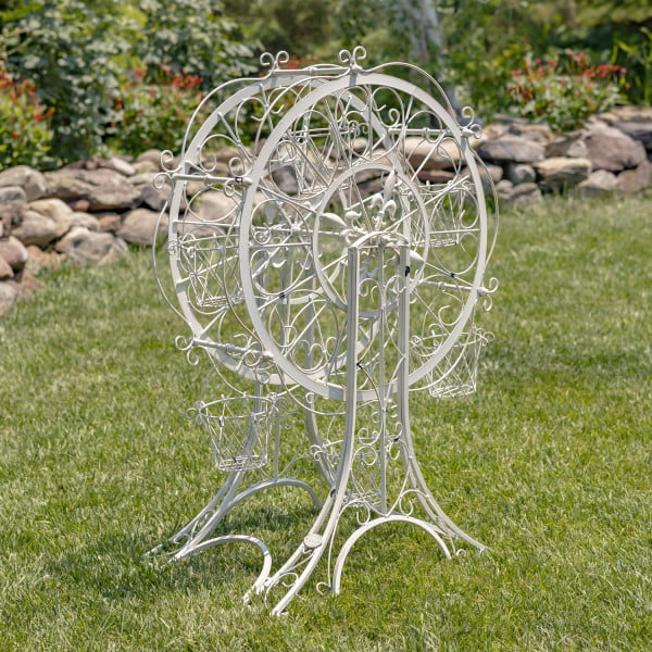 38 inches tall iron ferris wheel plant stand with 6 baskets in distressed antique white finish in garden