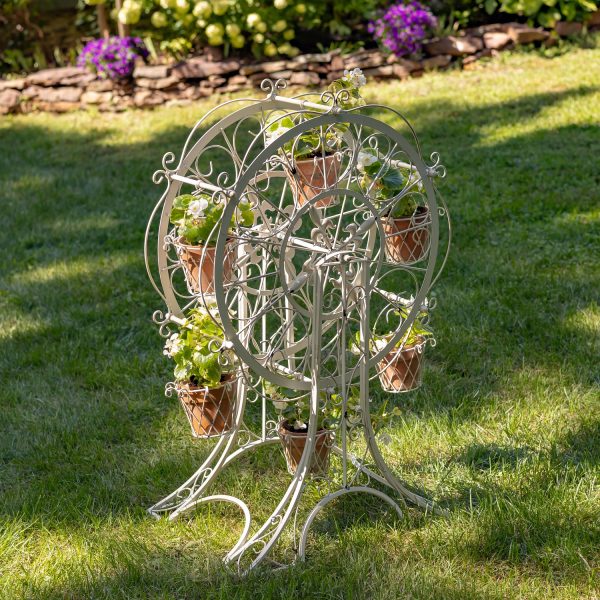 38 inches tall iron ferris wheel plant stand with 6 flower pots in distressed antique white finish in garden