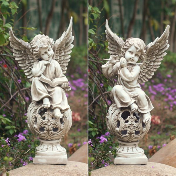Set of Two 25 Tall Magnesium Cherubs Reading and Playing the Flute on Ornate Pedestals Uriel & Sandalphon