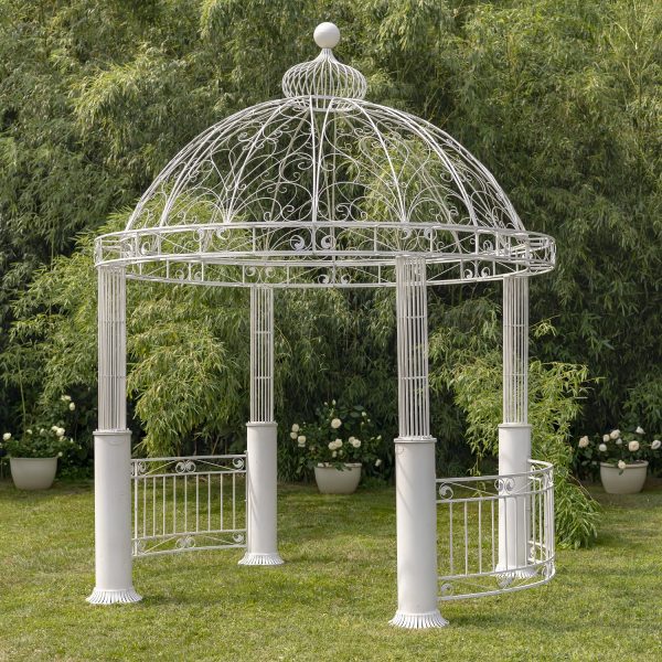 12.5 feet tall large iron gazebo with 4 columns and round ornate dome in destressed antique white finish in garden