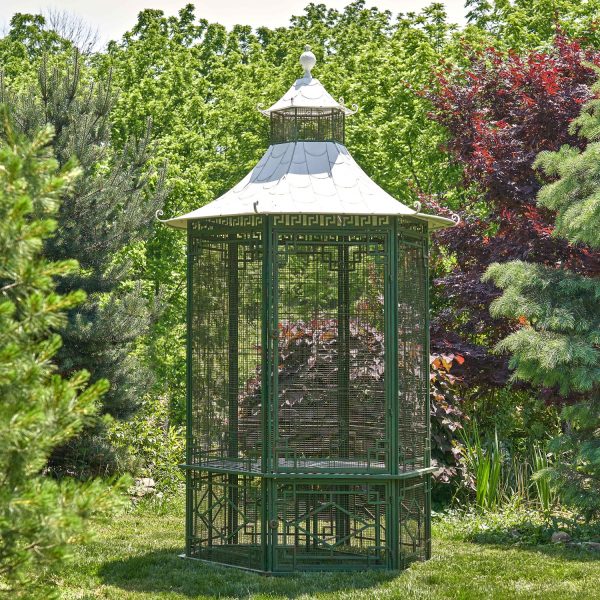 10 feet tall asian-inspired iron garden house gazebo in green-gold finsh