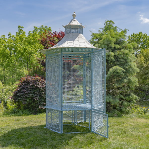 10 feet tall asian style iron garden house aviary in baby blue with white pagoda style roof