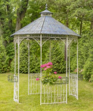 11ft. Tall Round Iron Gazebo with Four Side Walls & Flowers Baskets in Antique White & Blue Seville