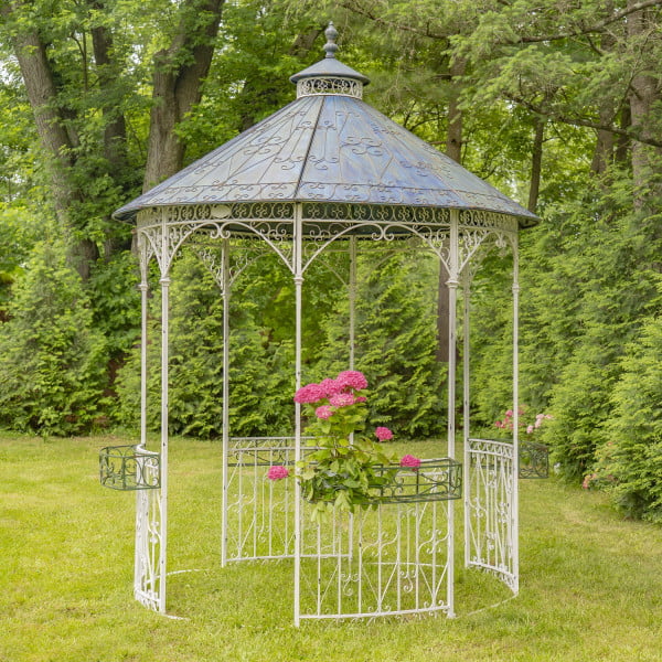 11ft. Tall Round Iron Gazebo with Four Side Walls & Flowers Baskets in Antique White & Blue Seville