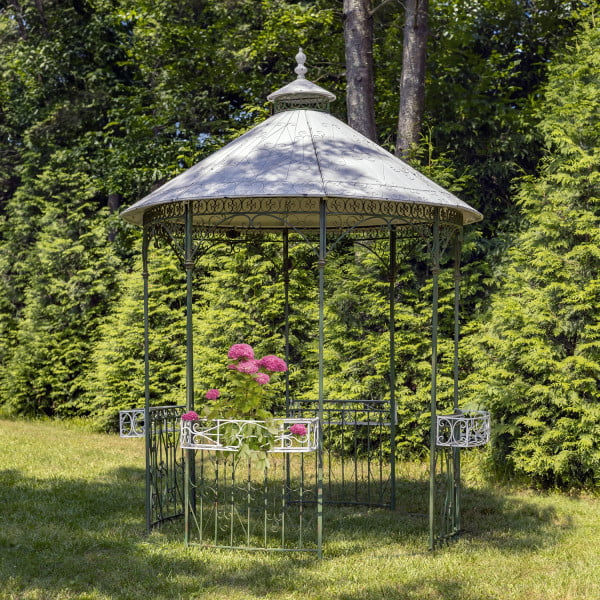 11ft. Tall Round Iron Gazebo with Four Side Walls & Flowers Baskets in Antique Green & White Seville