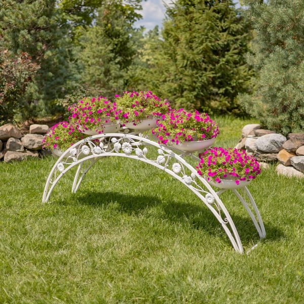 6.6 feet long bridge-like plant stand with 5 round planters and flower pots on them