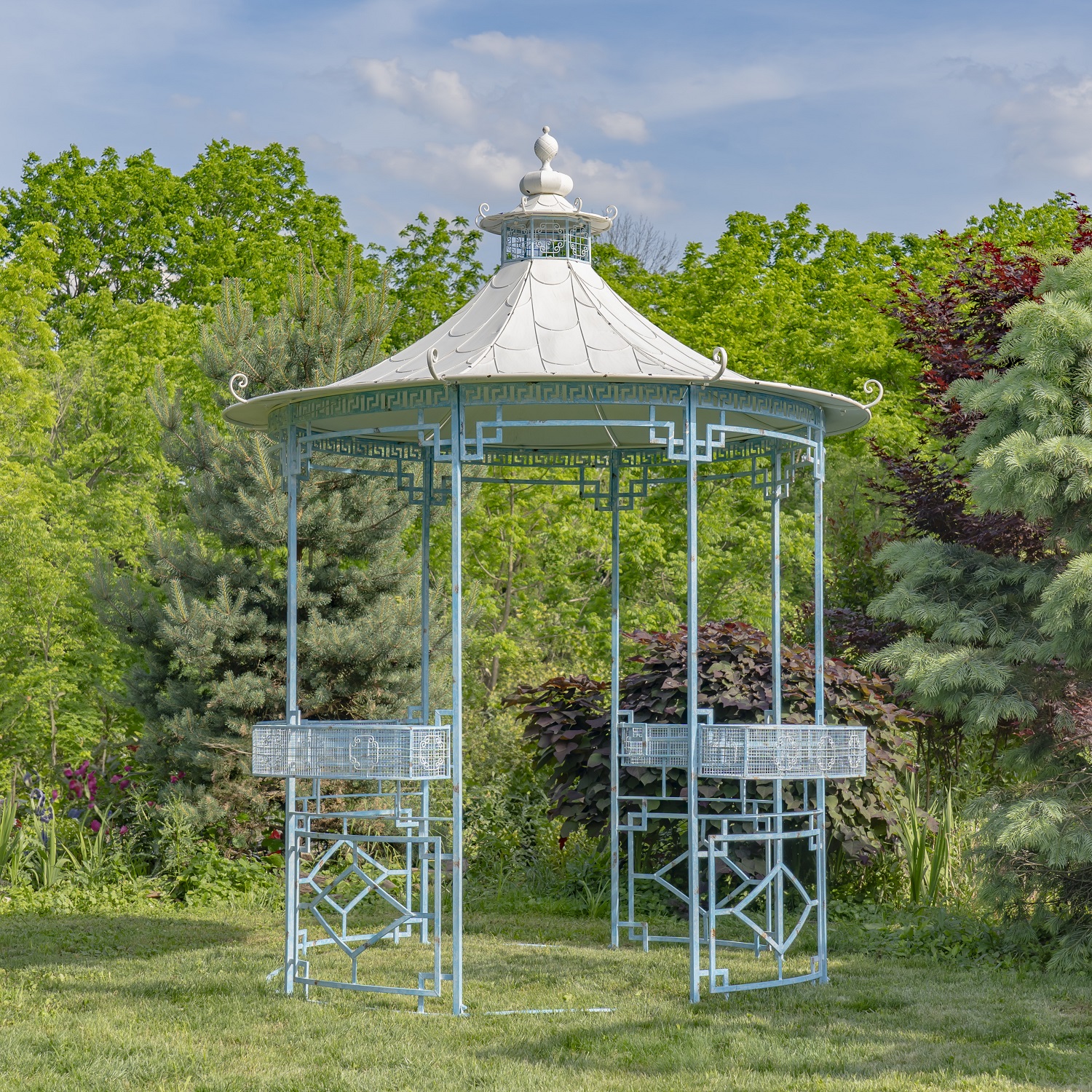 11.6 ft. Tall Opulent Round Iron Gazebo with Side Walls & Planters in Light Blue 