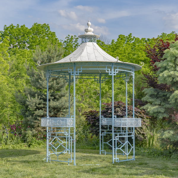 10.7ft. Tall round iron gazebo with side walls & planters in light blue