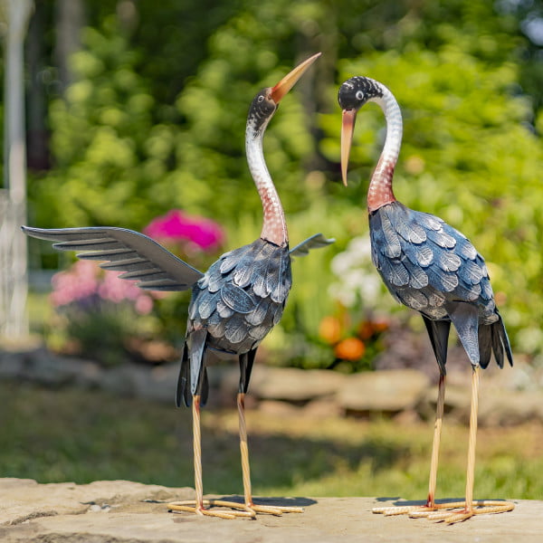 pair of Blue Crane metal garden figurines