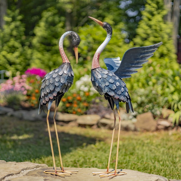 pair of Blue Crane metal garden figurines