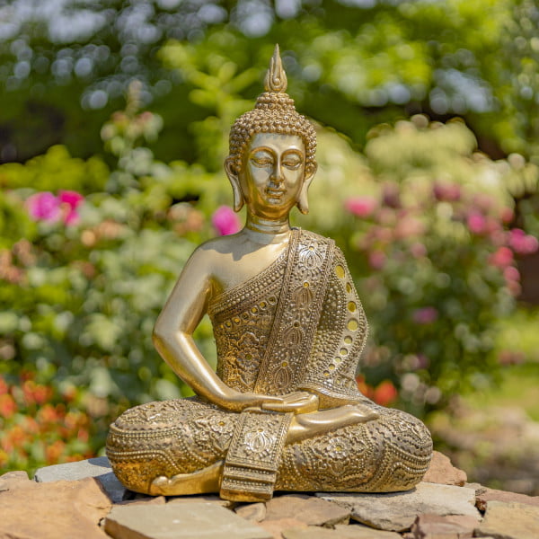19 Tall Buddha statue in Frosted Gold finish in Dhyana Mudra sitting in garden