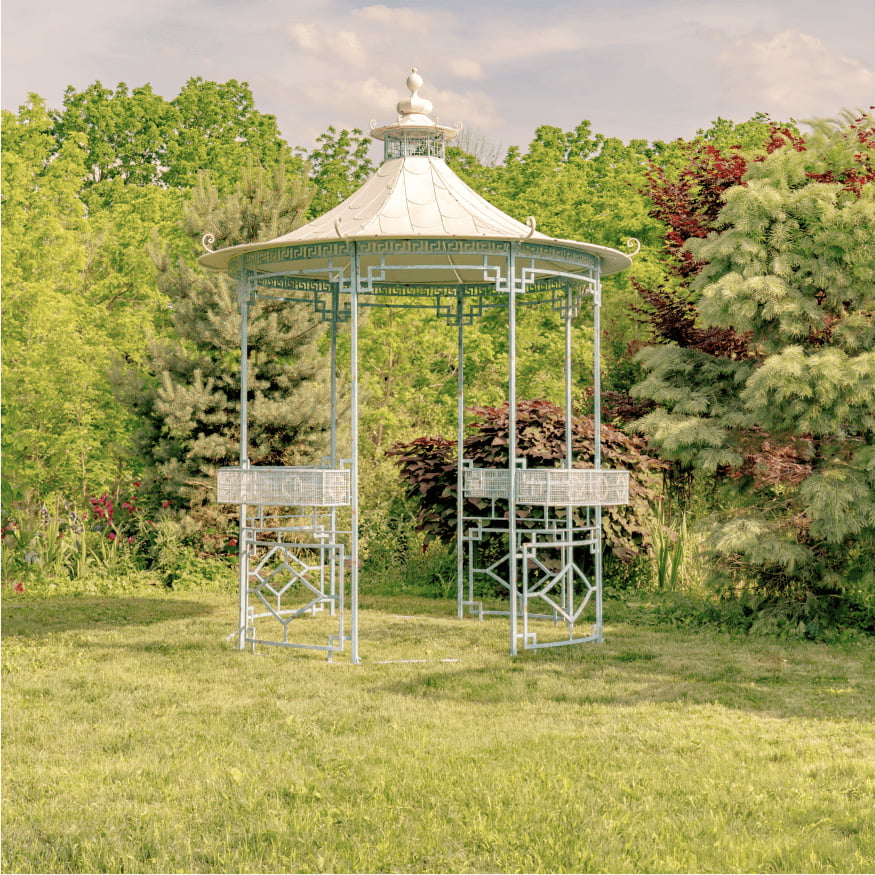 11.6 ft. Tall Opulent Round Iron Gazebo with Side Walls & Planters in Light Blue Tsugo