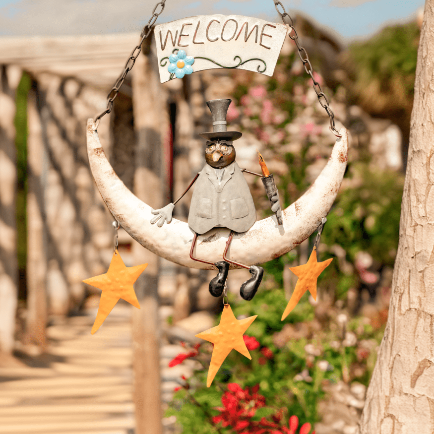 Set of 3 Hanging Welcome Sign with Owls on the Moon