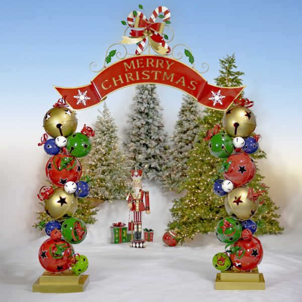 10 feet tall iron Christmas archway with jingle bell pillars, hand-painted in rich glossy Red, Greens, Golds, and Blues