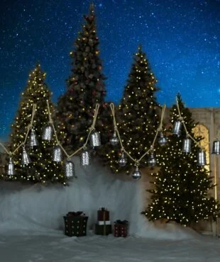 Set of 4 five-piece metal bells hanging decorations on rope in antique silver finish