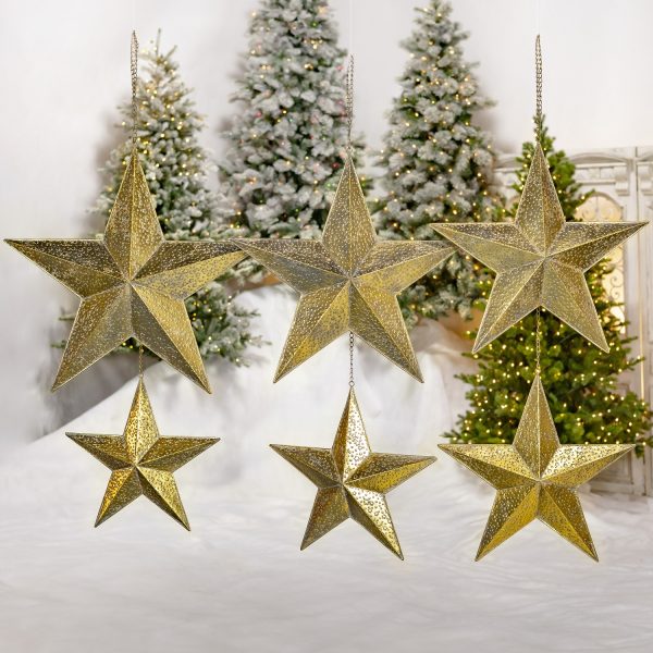 set of 6 three-dimensional five point Star hanging iron decorations in assorted sizes painted in gold