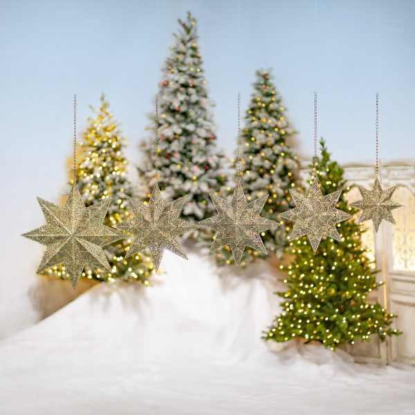 set of 5 metal three-dimensional 8-point ornate stars in frosted gold finish, hanging in front of Christmas tree