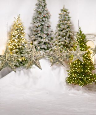 set of 5 metal three-dimensional ornate stars in frosted gold finish, hanging in front of Christmas tree