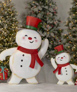 set of two, small and large, friendly snowmen metal figurines in top hats and scarves