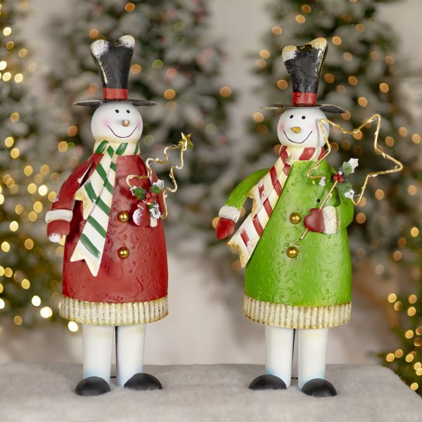 set of two metal snowmen in red and green with LED lights Christmas decorations