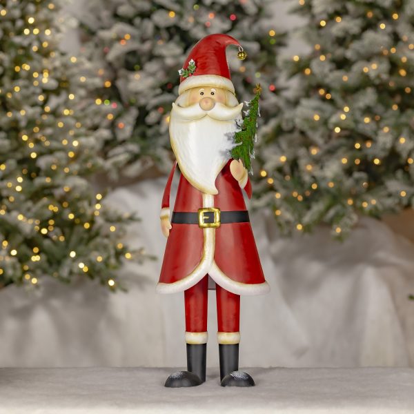 31 inch tall metal Santa Claus holding tree Christmas figurine