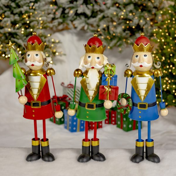 Set of 3 2 feet tall metal nutcrackers in red, green and blue Christmas decorations