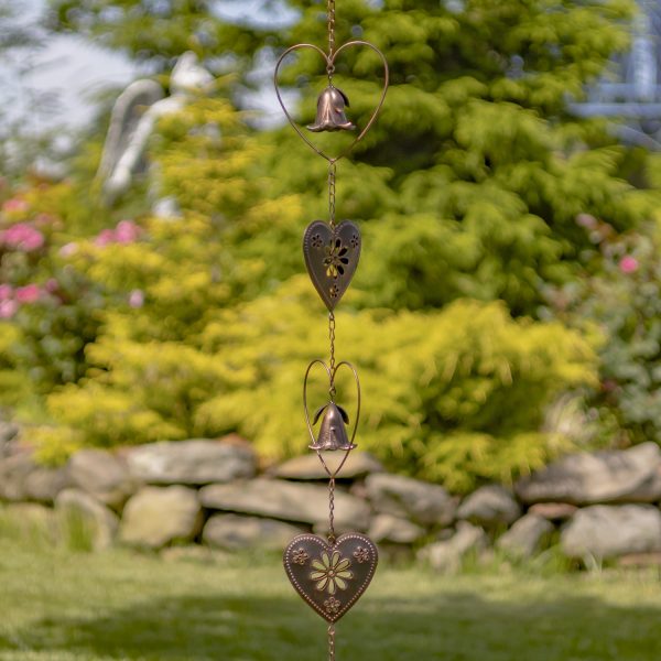 iron rain chain in antique bronze finish with ornate hearts and bell accents