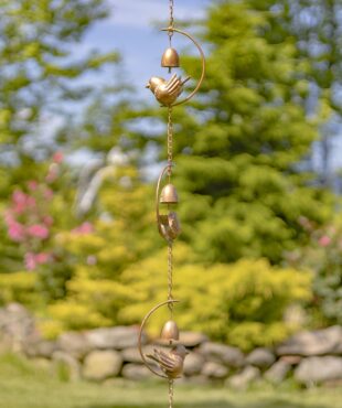 extra long iron rain chain with birds and bells in antique copper finish