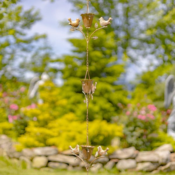 extra long iron rain chain with ornate bird couple perched on flower stem in distressed antique copper finish