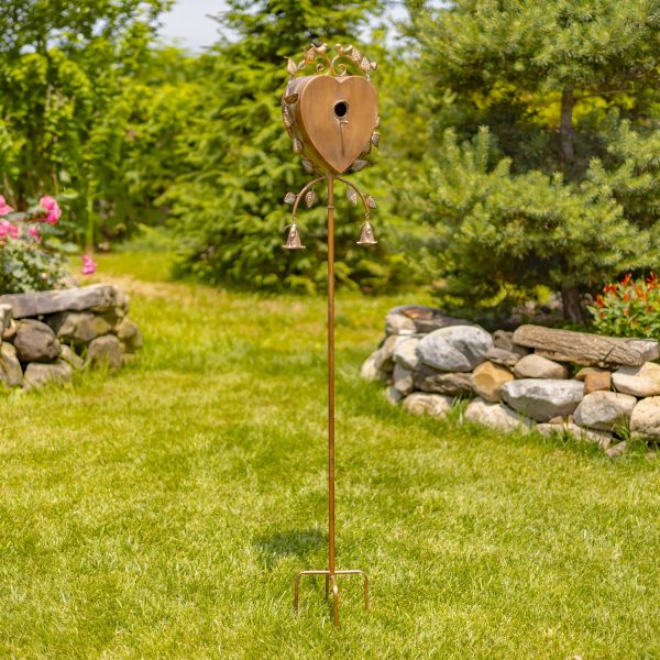 66 inch tall heart-shaped iron birdhouse garden stake decorated with bird and leaf sculptures and lily-shaped bells