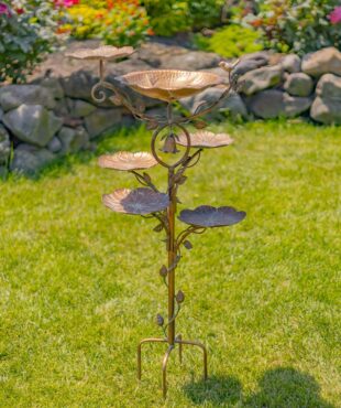 43 inch tall multi-tier blossom shaped birdbath garden stake in antique copper finish with dangling lily-shaped bell