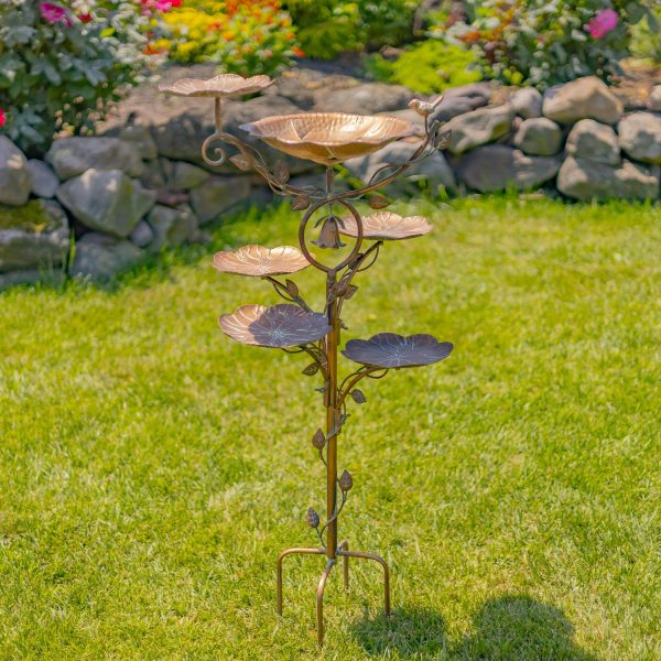 43 inch tall multi-tier blossom shaped birdbath garden stake in antique copper finish with dangling lily-shaped bell