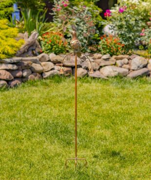 54 inch tall metal garden stake with welcome sign, cockatoo and bells