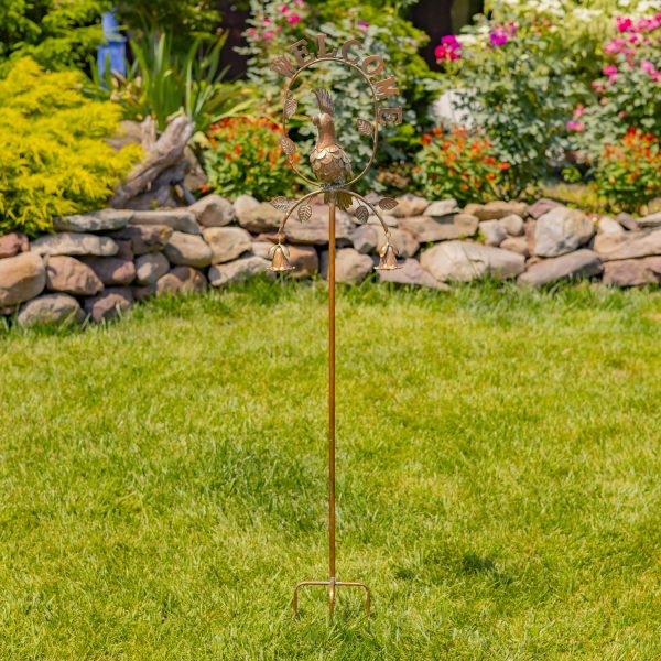 54 inch tall metal garden stake with welcome sign, cockatoo and bells