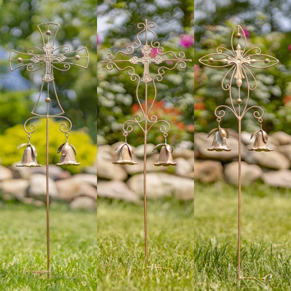 3 assorted ornate iron cross garden stakes with bells in antique copper finish