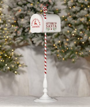 31 inch tall white metal Christmas mailbox with candy cane stand