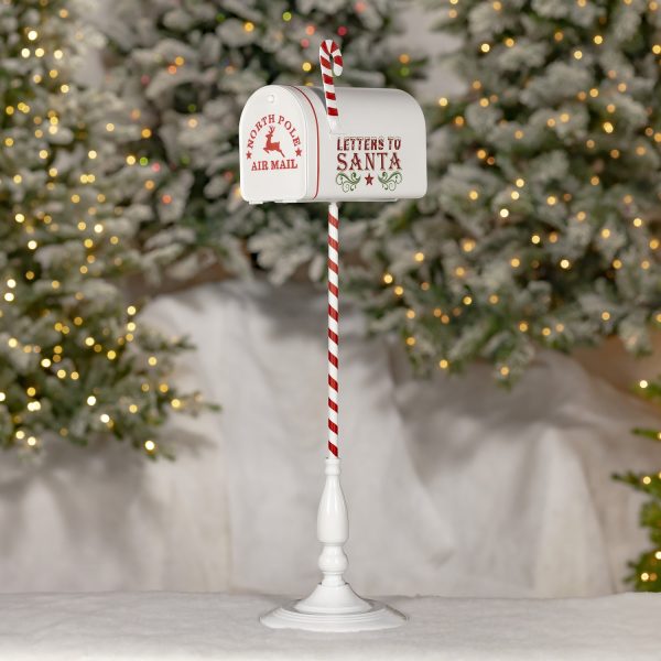 31 inch tall white metal Christmas mailbox with candy cane stand